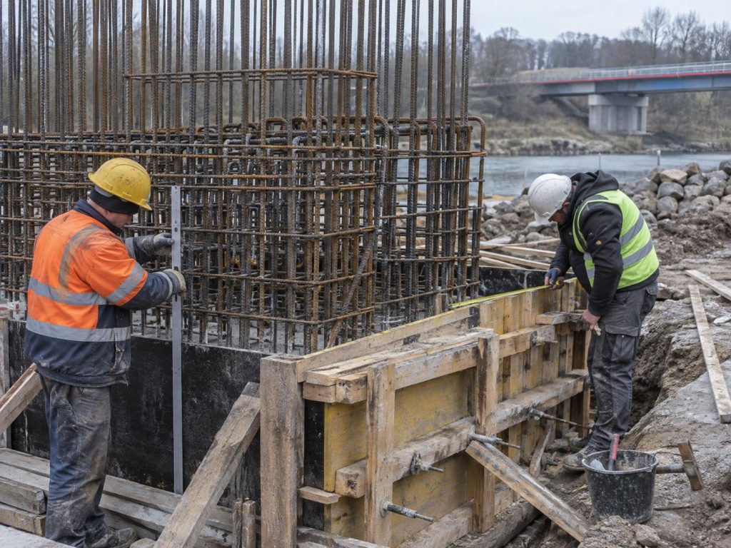 Szalowanie i betonowanie elementu mostowego – ilustracja prac budowlanych